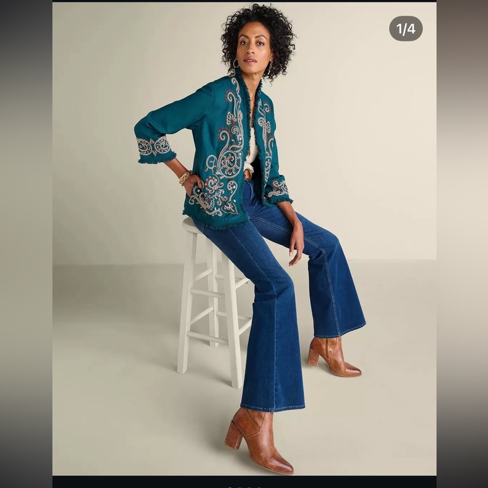 NWT Soft Surroundings Embroidered Open Cardigan Size S Teal Boho Western